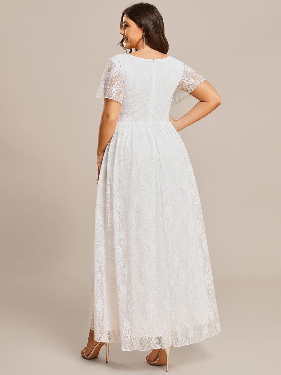 pretty ELISE|Plus Size Short Sleeve Ruffled V-Neck A-Line Lace Wedding Guest Dress