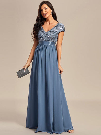 ever MIRAGE|Empire Waist V-Neck Cap Sleeve Chiffon Formal Evening Dress