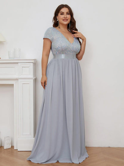 pretty MIRAGE|Plus Size Empire Waist V-Neck Cap Sleeve Chiffon Formal Evening Dress