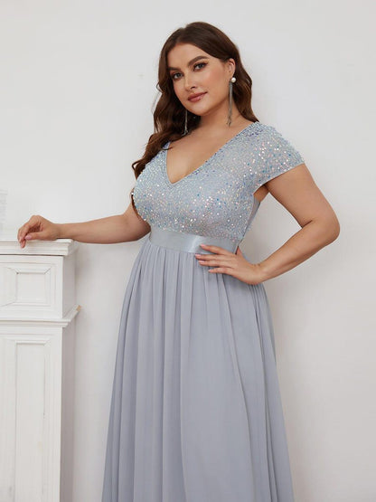 pretty MIRAGE|Plus Size Empire Waist V-Neck Cap Sleeve Chiffon Formal Evening Dress