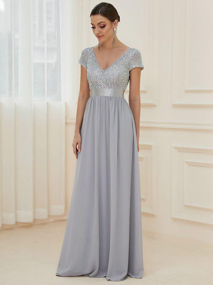 ever MIRAGE|Empire Waist V-Neck Cap Sleeve Chiffon Formal Evening Dress