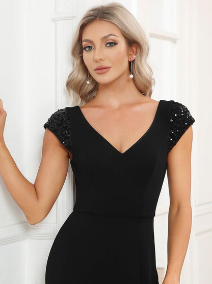 ever ANYA|Sequin Cap Sleeve V-Neck A-Line Evening Dress