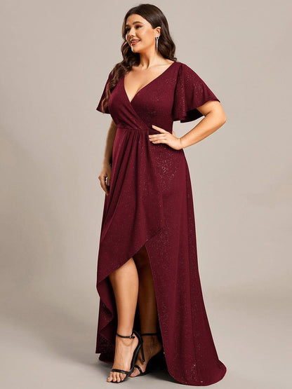 ever MELODÉ|Plus Size Glitter Ruffled High-Low Front Slit Evening Dress