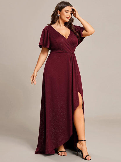 ever MELODÉ|Plus Size Glitter Ruffled High-Low Front Slit Evening Dress