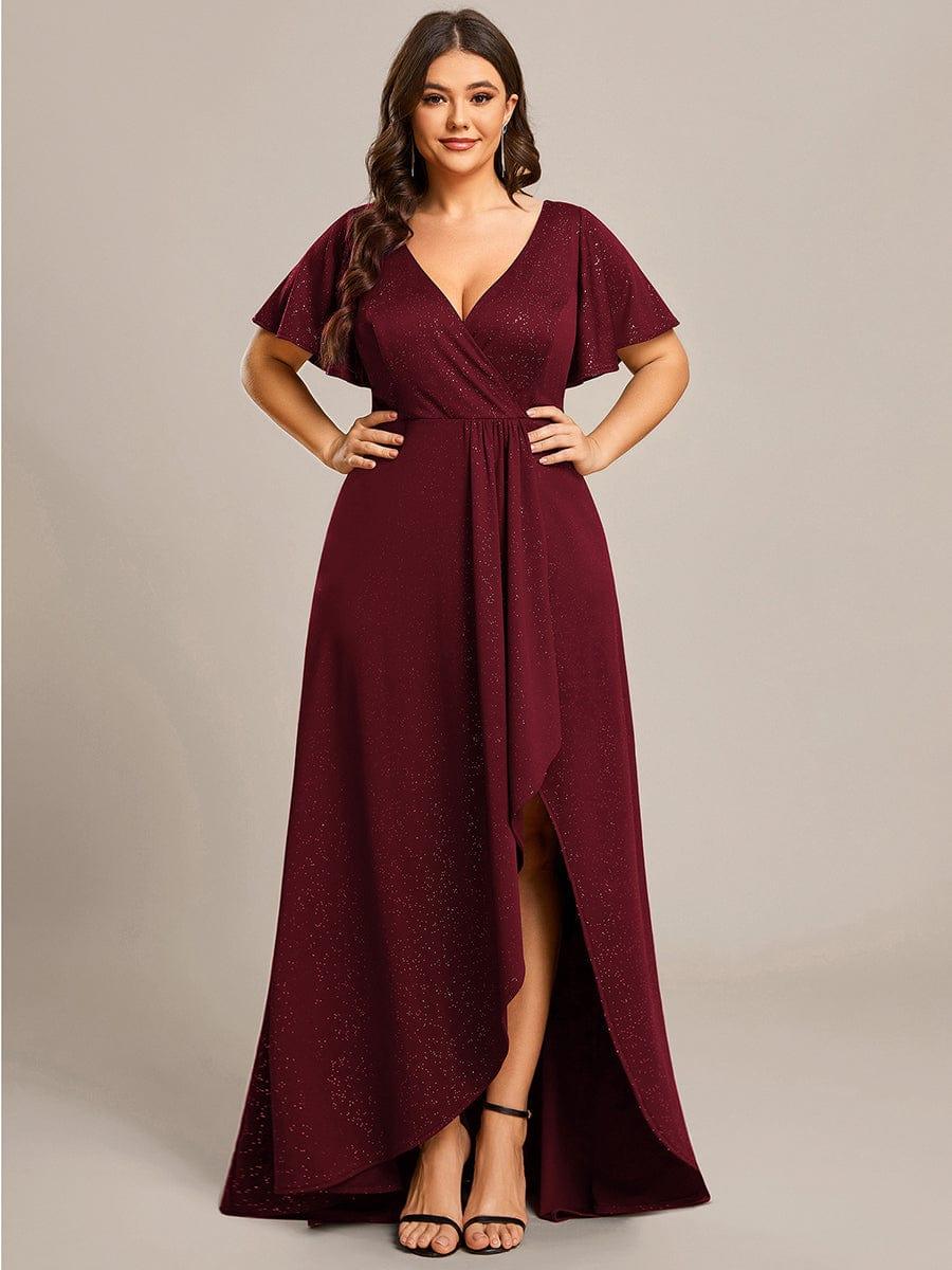 ever MELODÉ|Plus Size Glitter Ruffled High-Low Front Slit Evening Dress