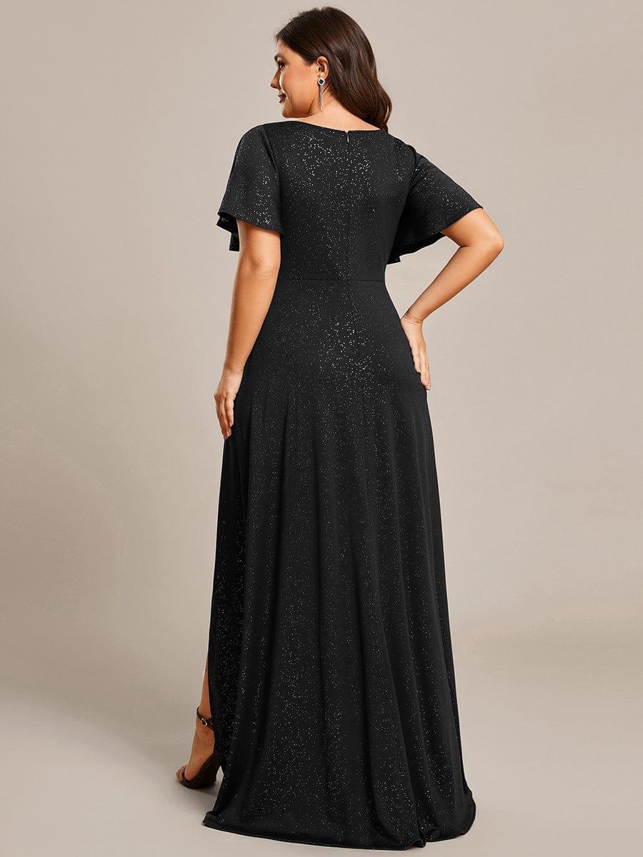 ever MELODÉ|Plus Size Glitter Ruffled High-Low Front Slit Evening Dress