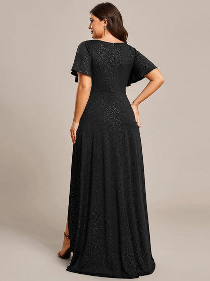 ever MELODÉ|Plus Size Glitter Ruffled High-Low Front Slit Evening Dress