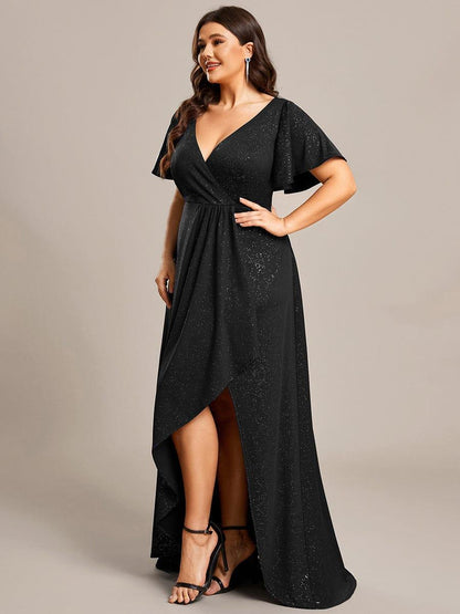 ever MELODÉ|Plus Size Glitter Ruffled High-Low Front Slit Evening Dress