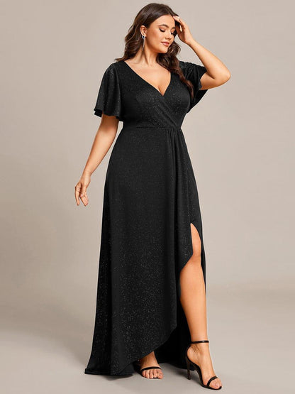 ever MELODÉ|Plus Size Glitter Ruffled High-Low Front Slit Evening Dress