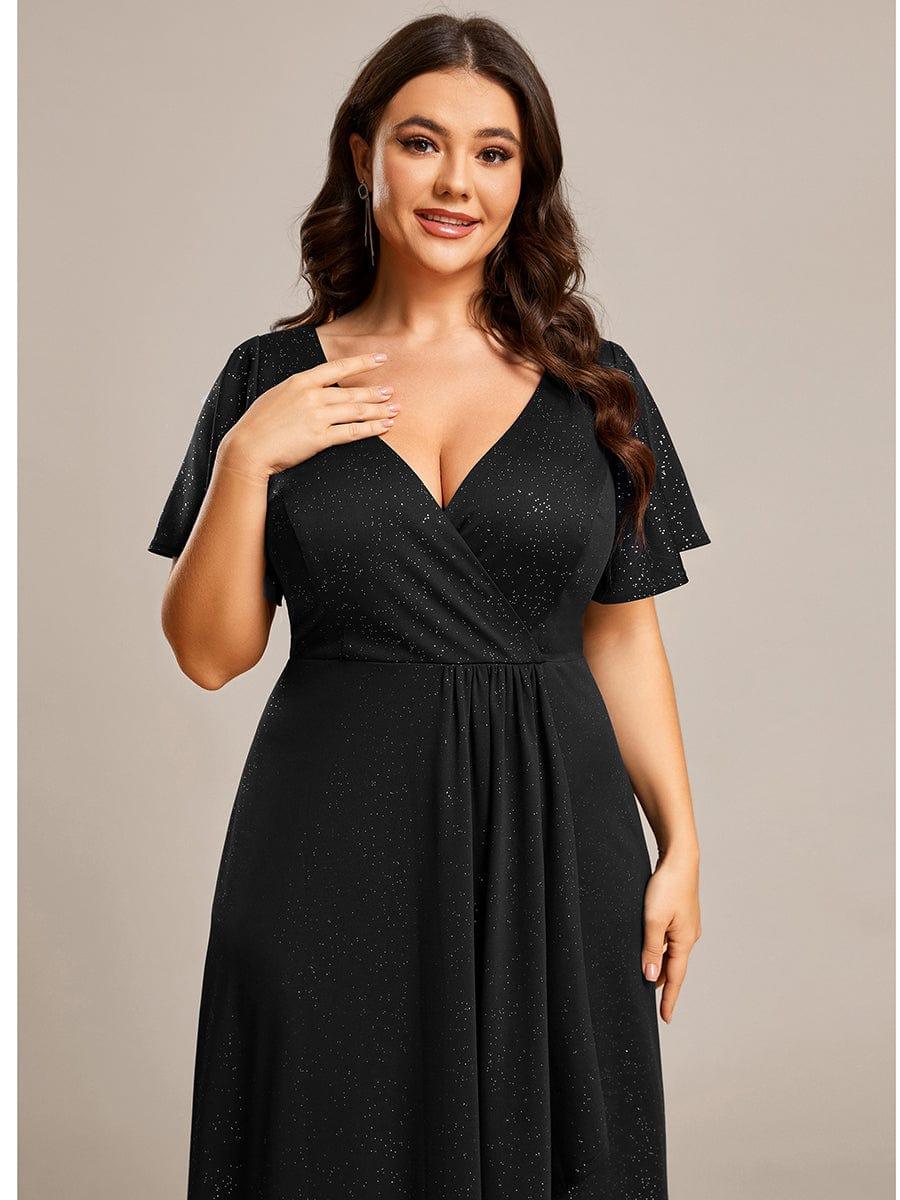 ever MELODÉ|Plus Size Glitter Ruffled High-Low Front Slit Evening Dress