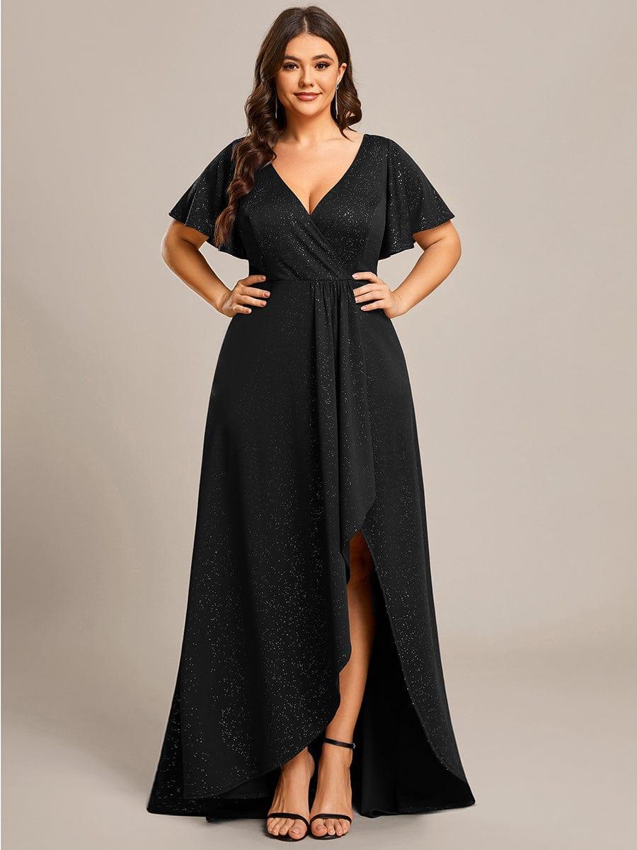 ever MELODÉ|Plus Size Glitter Ruffled High-Low Front Slit Evening Dress