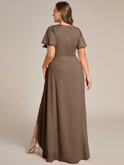 ever MELODÉ|Plus Size Glitter Ruffled High-Low Front Slit Evening Dress