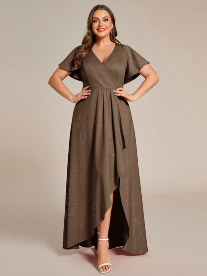 ever MELODÉ|Plus Size Glitter Ruffled High-Low Front Slit Evening Dress