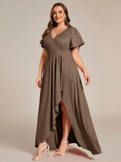 ever MELODÉ|Plus Size Glitter Ruffled High-Low Front Slit Evening Dress