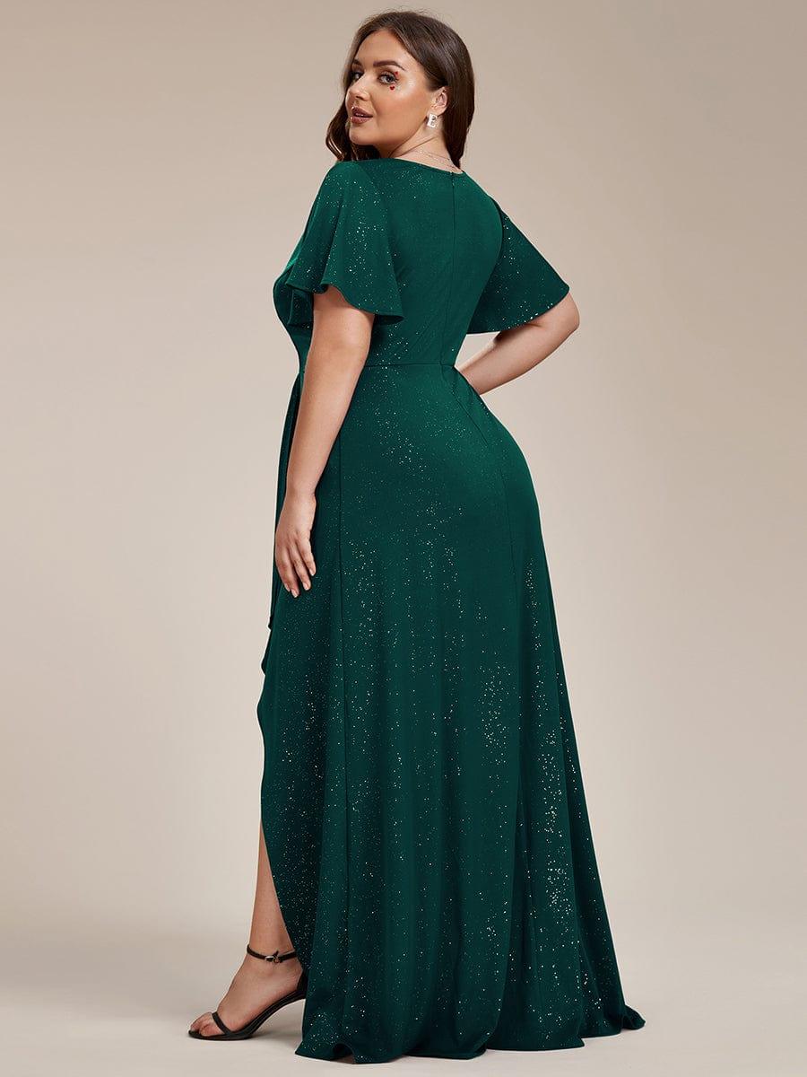 ever MELODÉ|Plus Size Glitter Ruffled High-Low Front Slit Evening Dress
