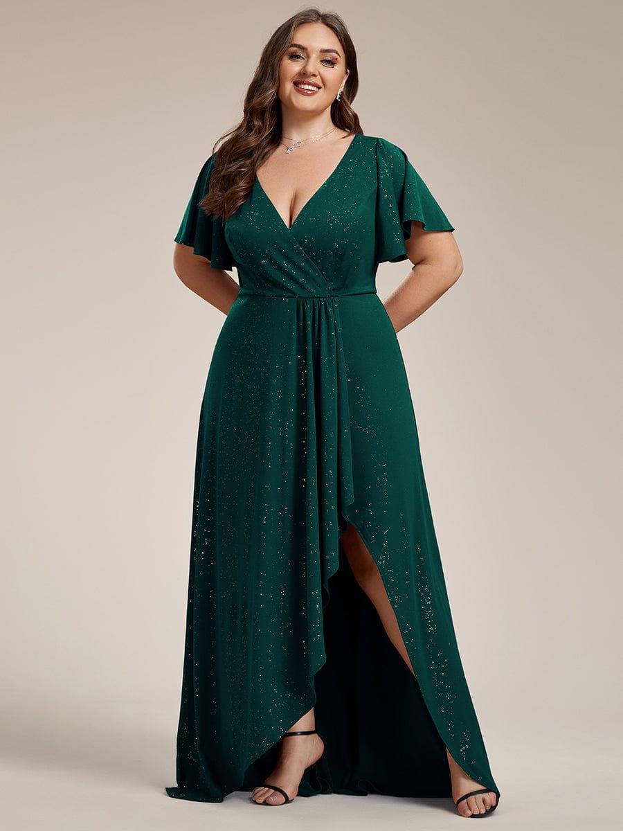 ever MELODÉ|Plus Size Glitter Ruffled High-Low Front Slit Evening Dress