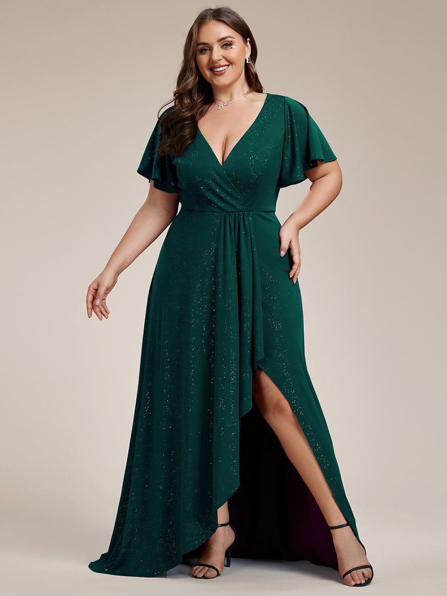 ever MELODÉ|Plus Size Glitter Ruffled High-Low Front Slit Evening Dress