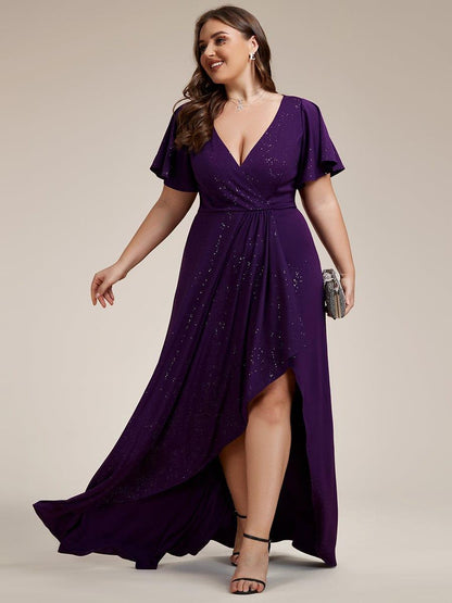ever MELODÉ|Plus Size Glitter Ruffled High-Low Front Slit Evening Dress