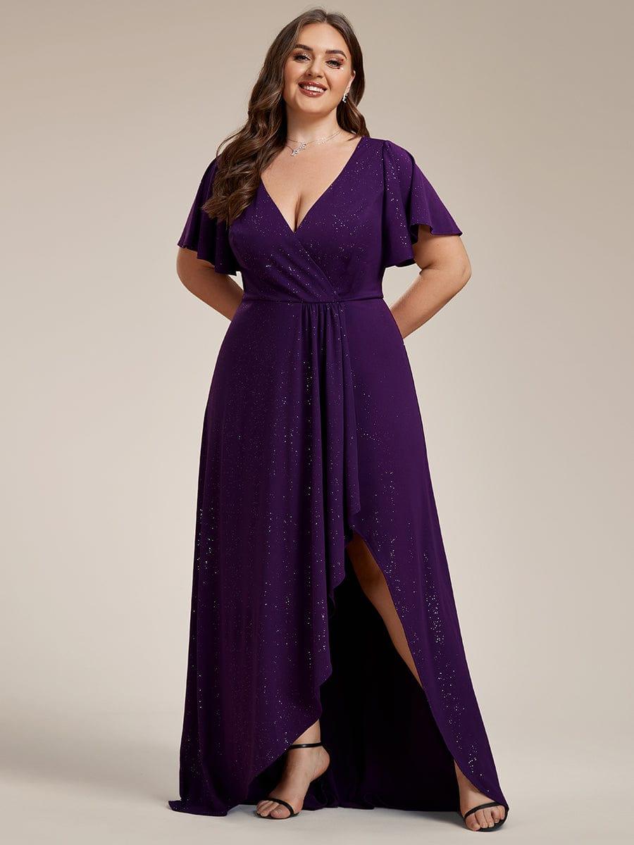 ever MELODÉ|Plus Size Glitter Ruffled High-Low Front Slit Evening Dress