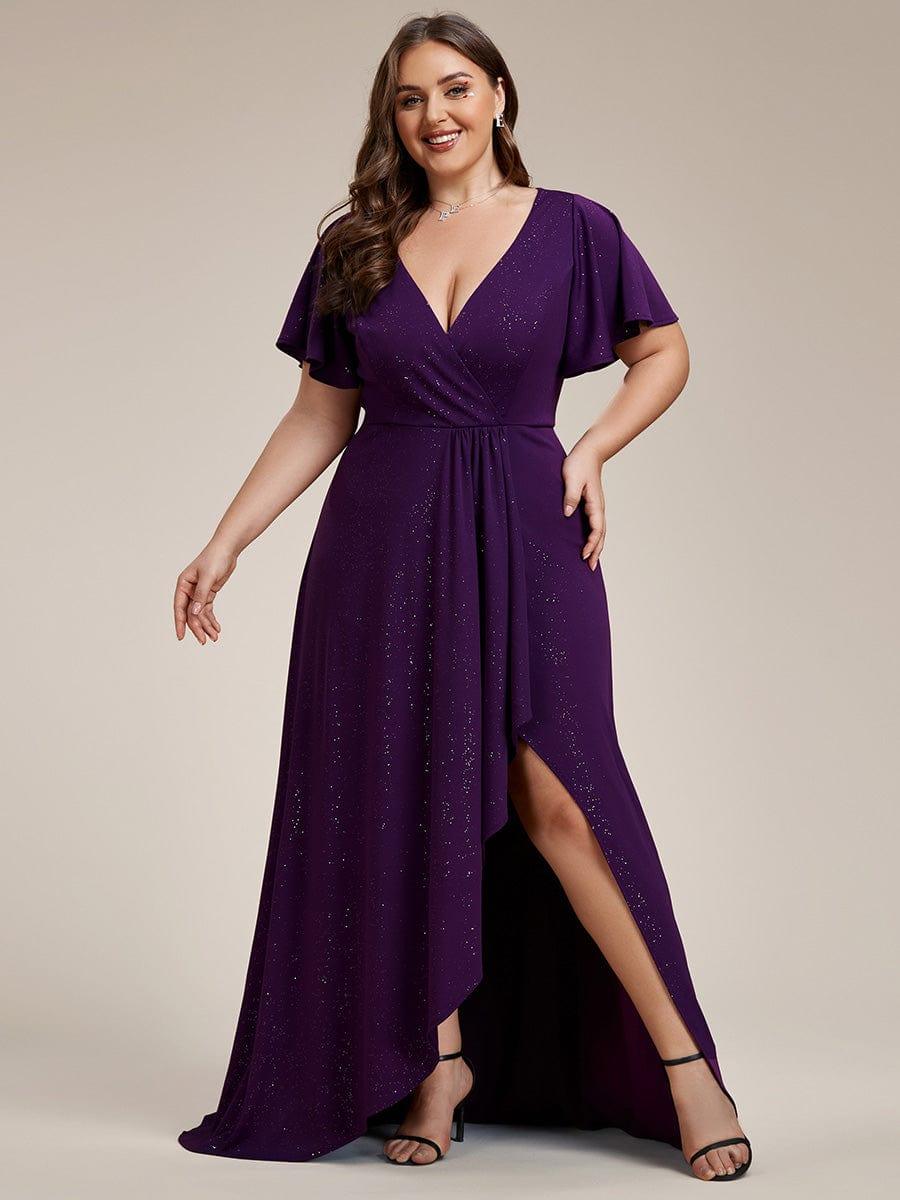 ever MELODÉ|Plus Size Glitter Ruffled High-Low Front Slit Evening Dress