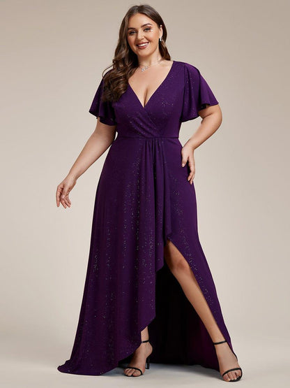 ever MELODÉ|Plus Size Glitter Ruffled High-Low Front Slit Evening Dress