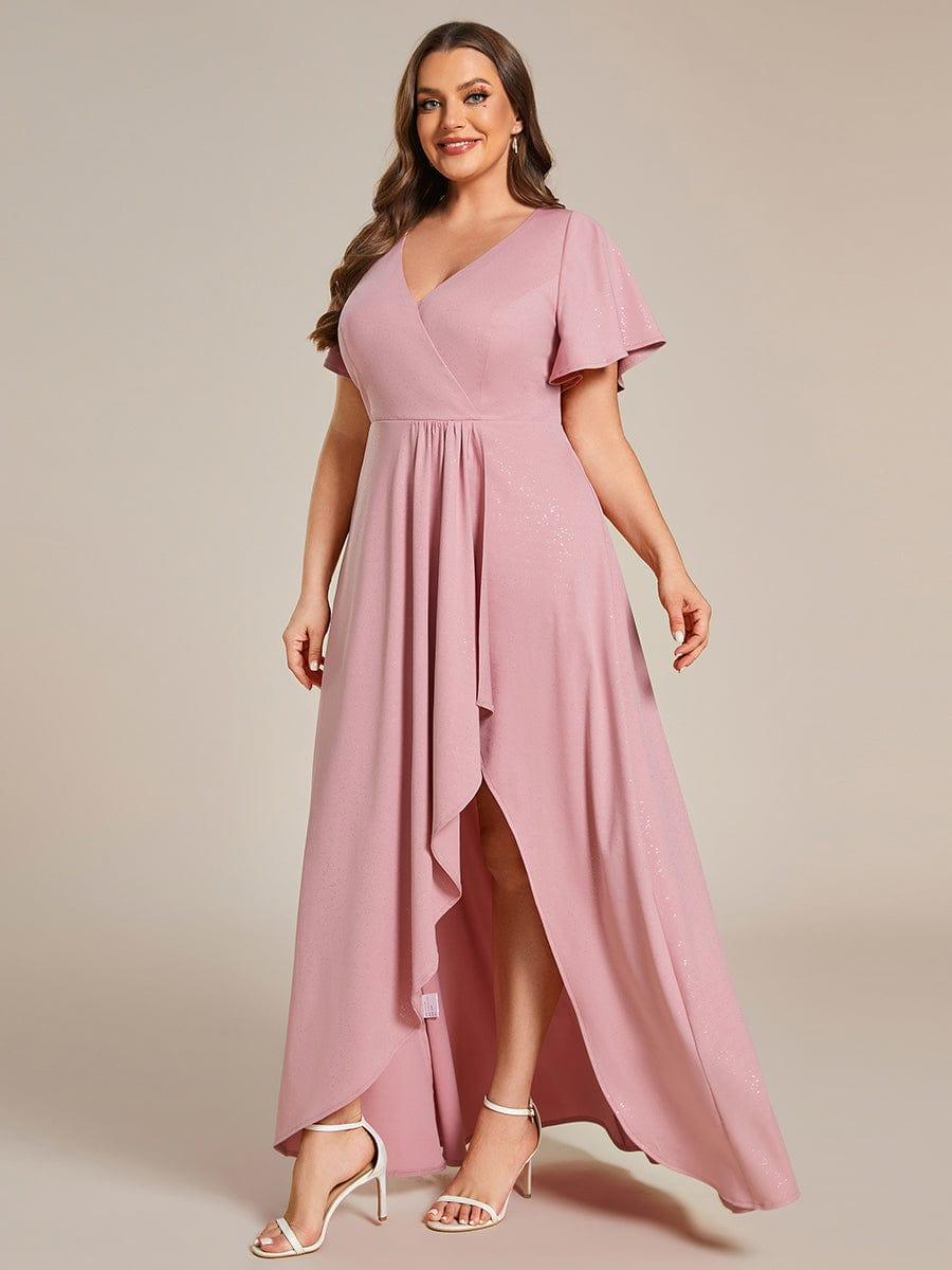 ever MELODÉ|Plus Size Glitter Ruffled High-Low Front Slit Evening Dress