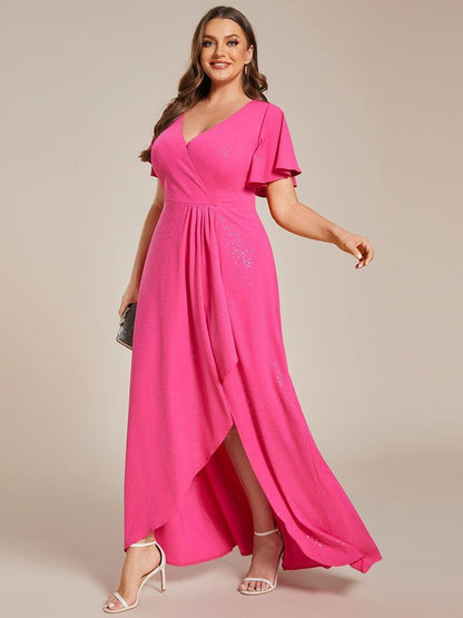 ever MELODÉ|Plus Size Glitter Ruffled High-Low Front Slit Evening Dress