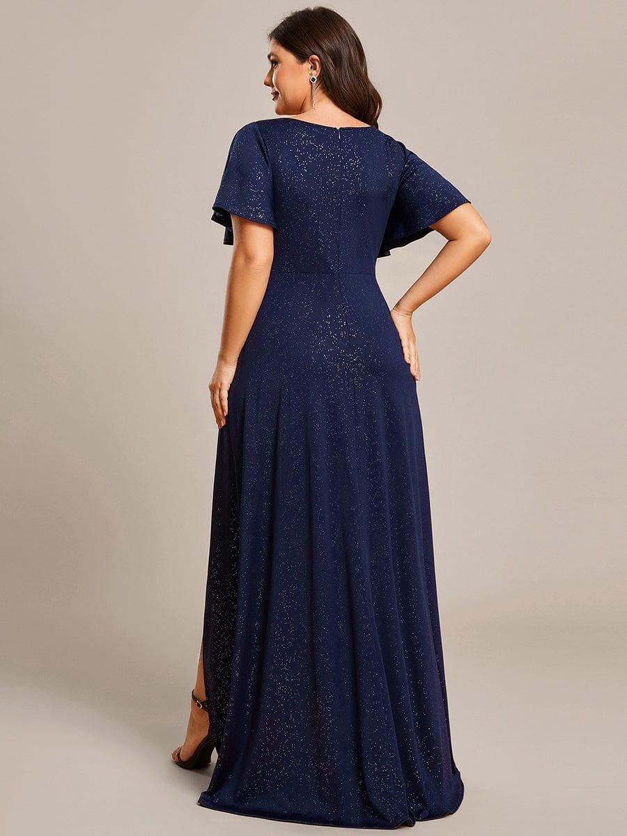 ever MELODÉ|Plus Size Glitter Ruffled High-Low Front Slit Evening Dress