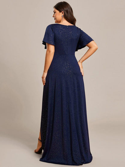 ever MELODÉ|Plus Size Glitter Ruffled High-Low Front Slit Evening Dress