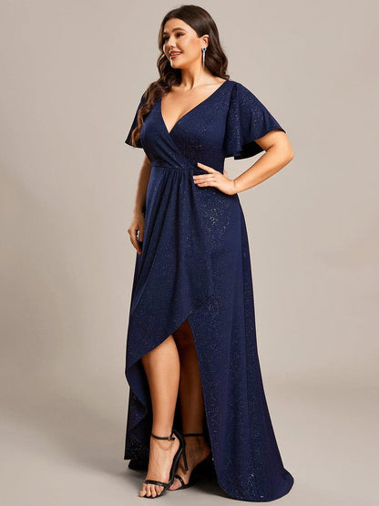 ever MELODÉ|Plus Size Glitter Ruffled High-Low Front Slit Evening Dress