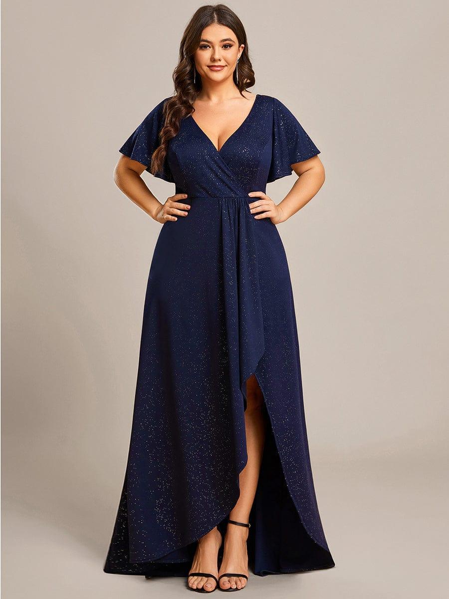 ever MELODÉ|Plus Size Glitter Ruffled High-Low Front Slit Evening Dress