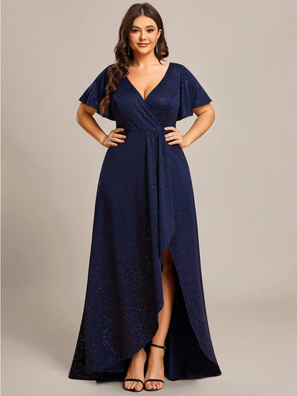 ever MELODÉ|Plus Size Glitter Ruffled High-Low Front Slit Evening Dress