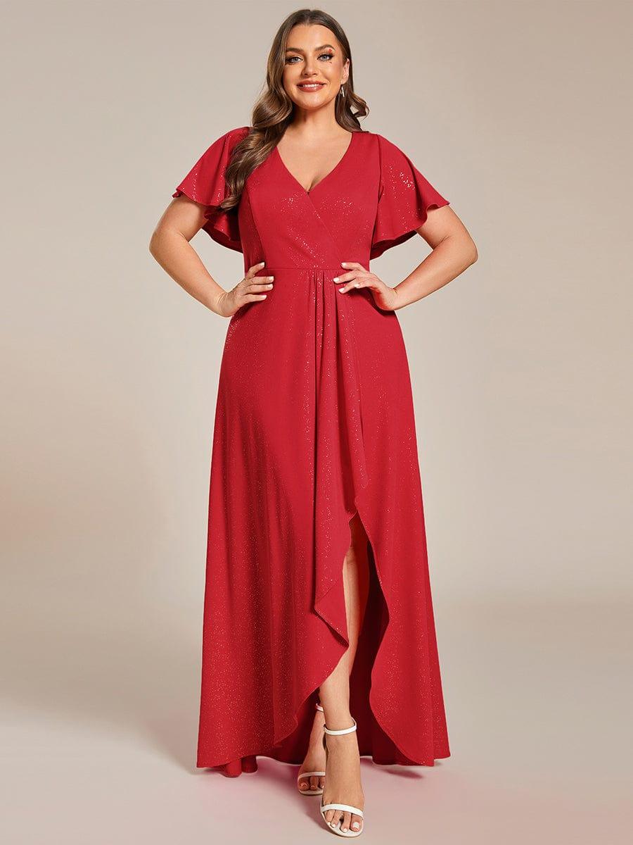 ever MELODÉ|Plus Size Glitter Ruffled High-Low Front Slit Evening Dress