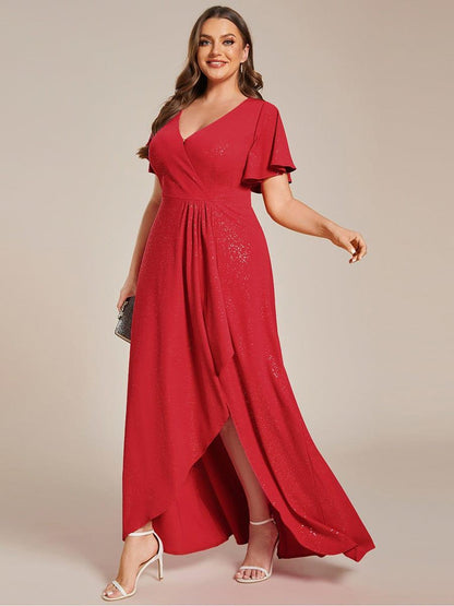 ever MELODÉ|Plus Size Glitter Ruffled High-Low Front Slit Evening Dress