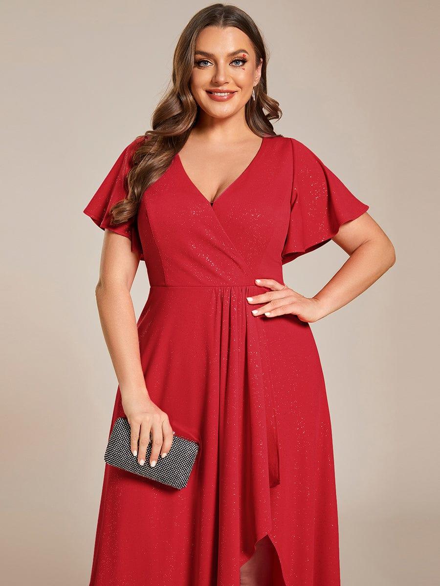ever MELODÉ|Plus Size Glitter Ruffled High-Low Front Slit Evening Dress