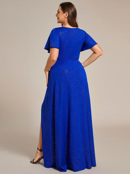 ever MELODÉ|Plus Size Glitter Ruffled High-Low Front Slit Evening Dress