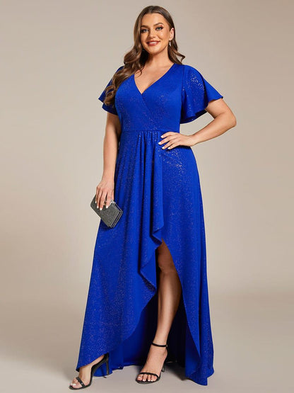 ever MELODÉ|Plus Size Glitter Ruffled High-Low Front Slit Evening Dress