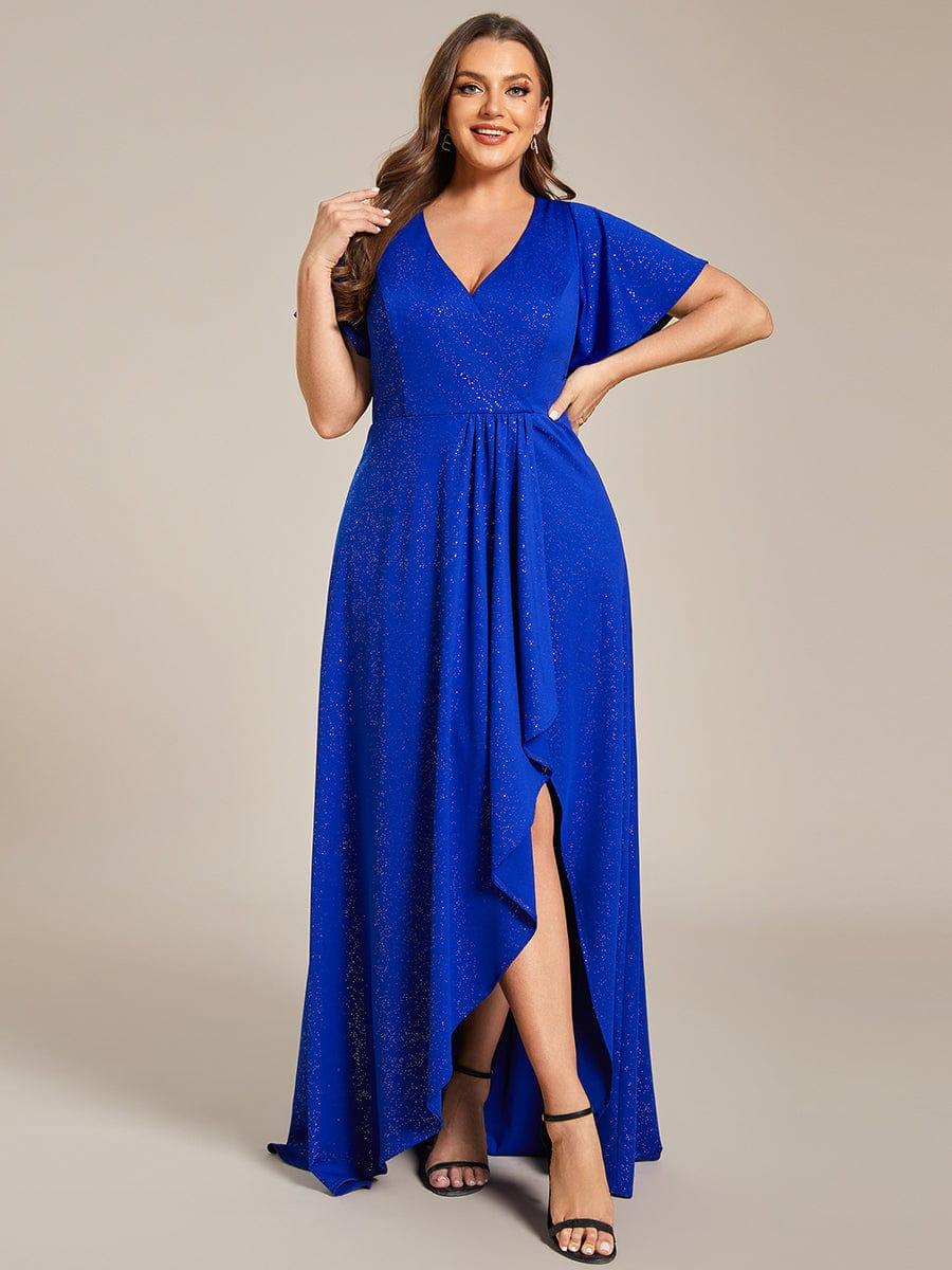 ever MELODÉ|Plus Size Glitter Ruffled High-Low Front Slit Evening Dress