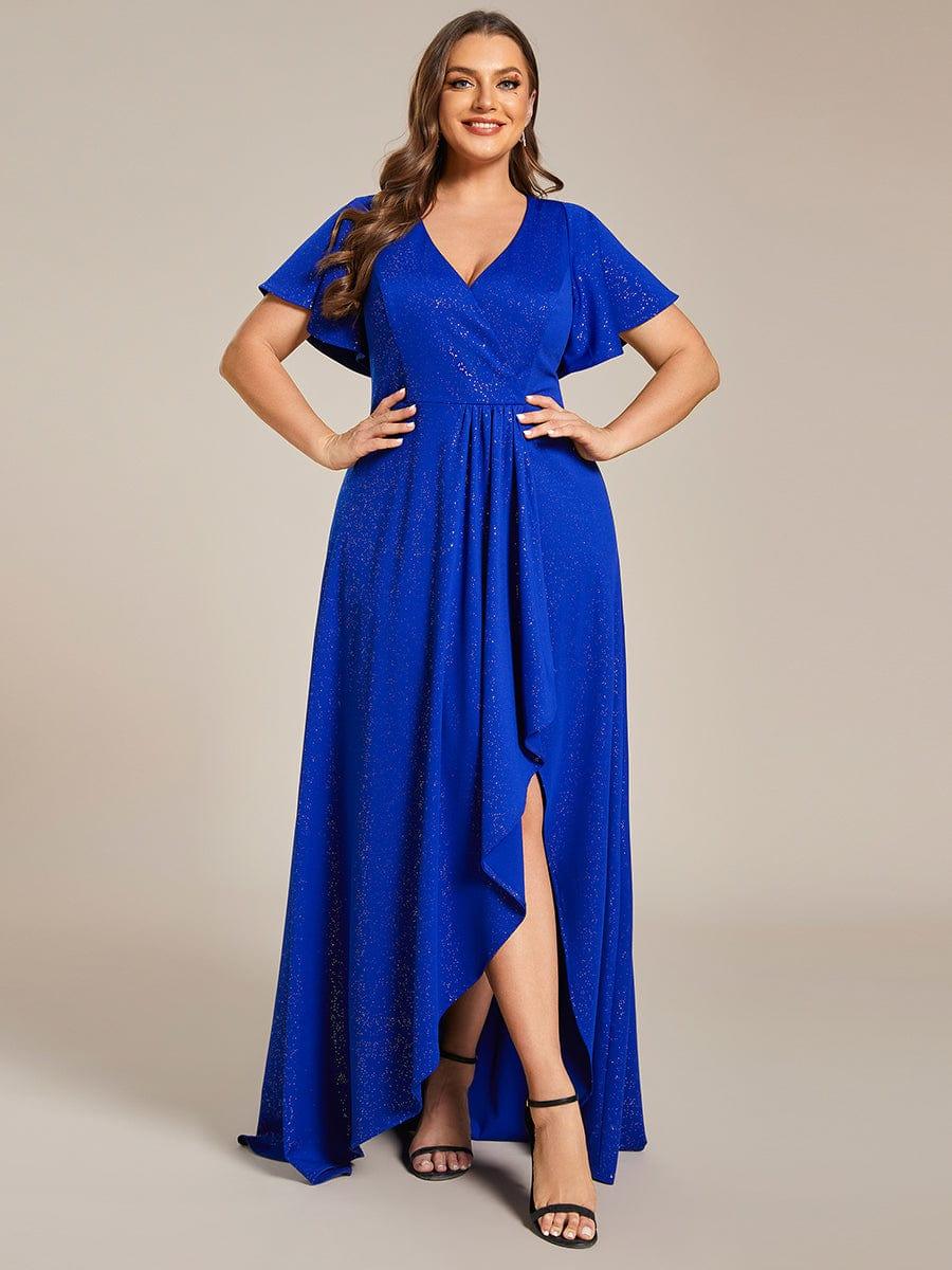 ever MELODÉ|Plus Size Glitter Ruffled High-Low Front Slit Evening Dress