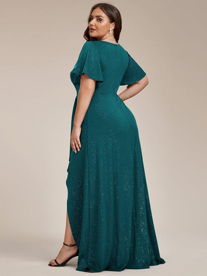 ever MELODÉ|Plus Size Glitter Ruffled High-Low Front Slit Evening Dress
