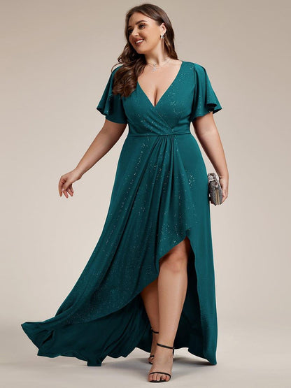 ever MELODÉ|Plus Size Glitter Ruffled High-Low Front Slit Evening Dress