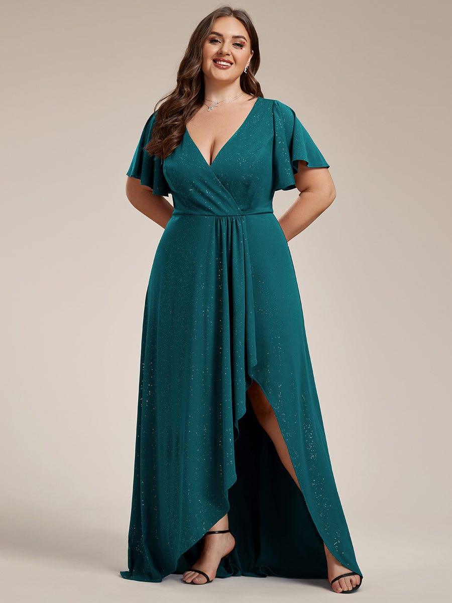 ever MELODÉ|Plus Size Glitter Ruffled High-Low Front Slit Evening Dress
