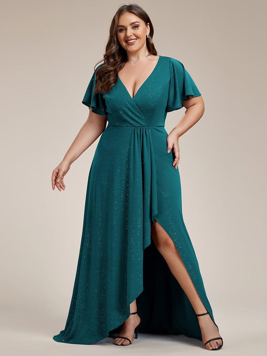 ever MELODÉ|Plus Size Glitter Ruffled High-Low Front Slit Evening Dress