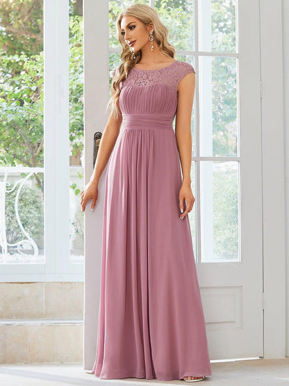 Elegant Chiffon Maxi Formal Evening Dress with Lace Cap Sleeve