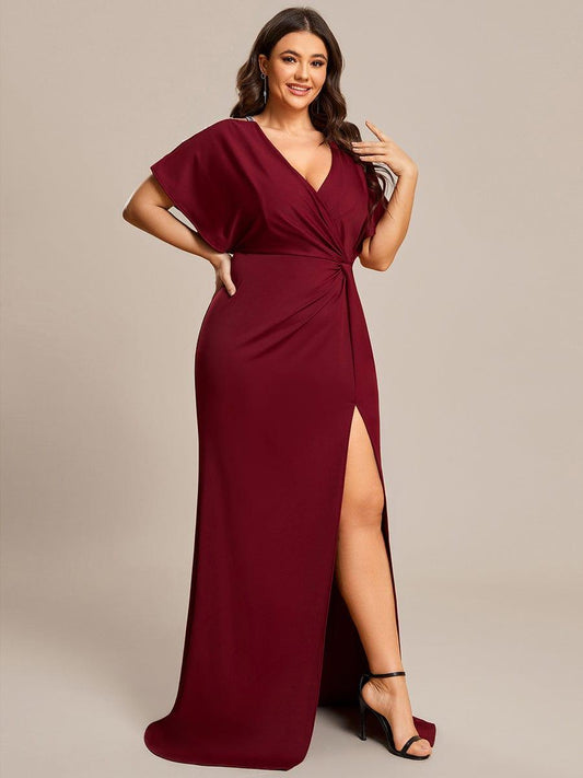 pretty LYN|Plus Size Sequin Sleeve High Slit Evening Dress with Pleated