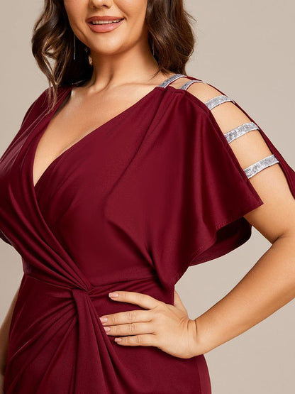 pretty LYN|Plus Size Sequin Sleeve High Slit Evening Dress with Pleated