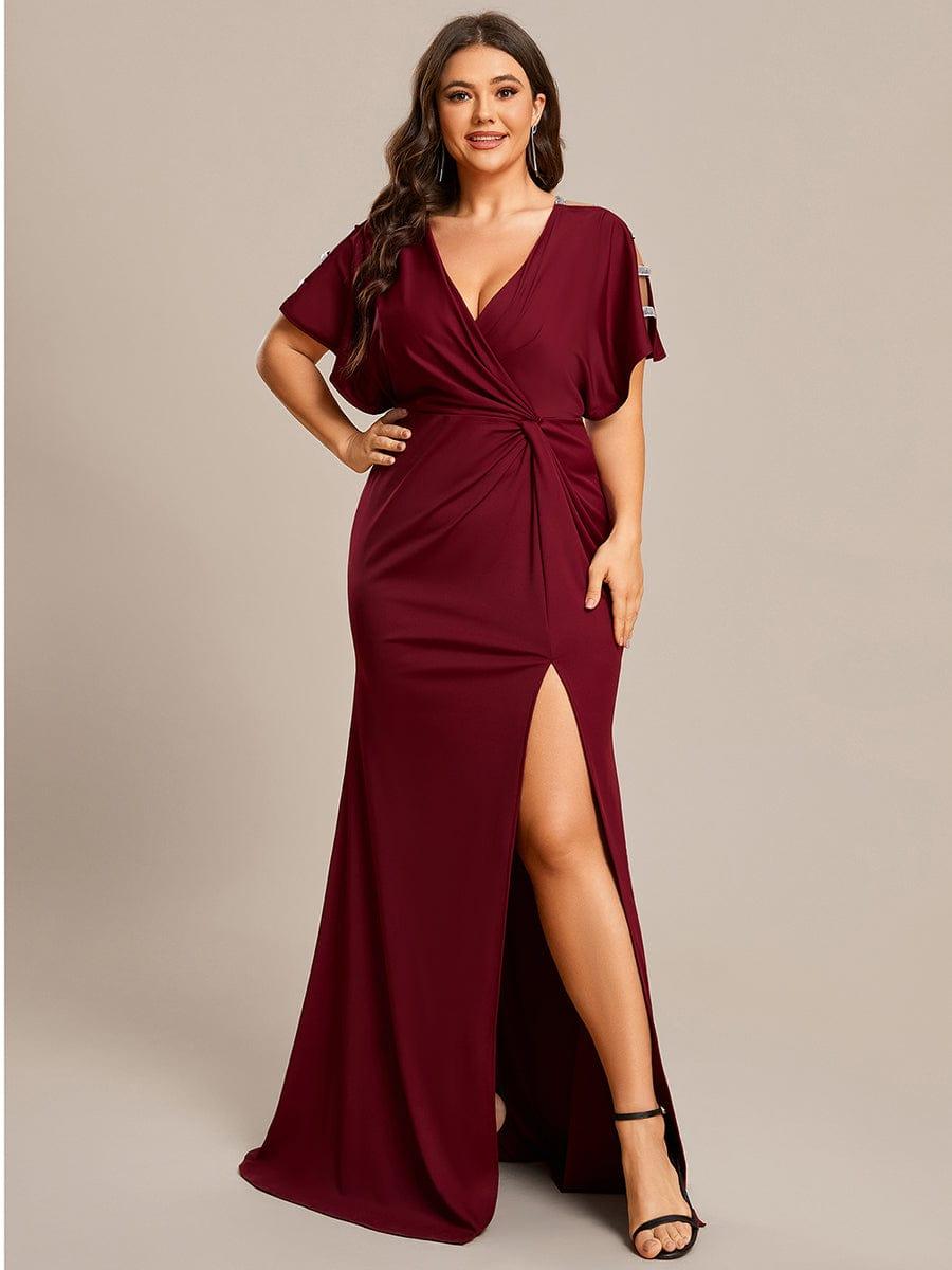 pretty LYN|Plus Size Sequin Sleeve High Slit Evening Dress with Pleated