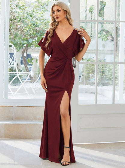 ever LYN|Pleated High Slit Hollow Out Sequin Sleeve V-Neck Formal Evening Dress
