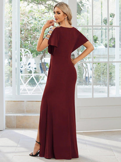 ever LYN|Pleated High Slit Hollow Out Sequin Sleeve V-Neck Formal Evening Dress