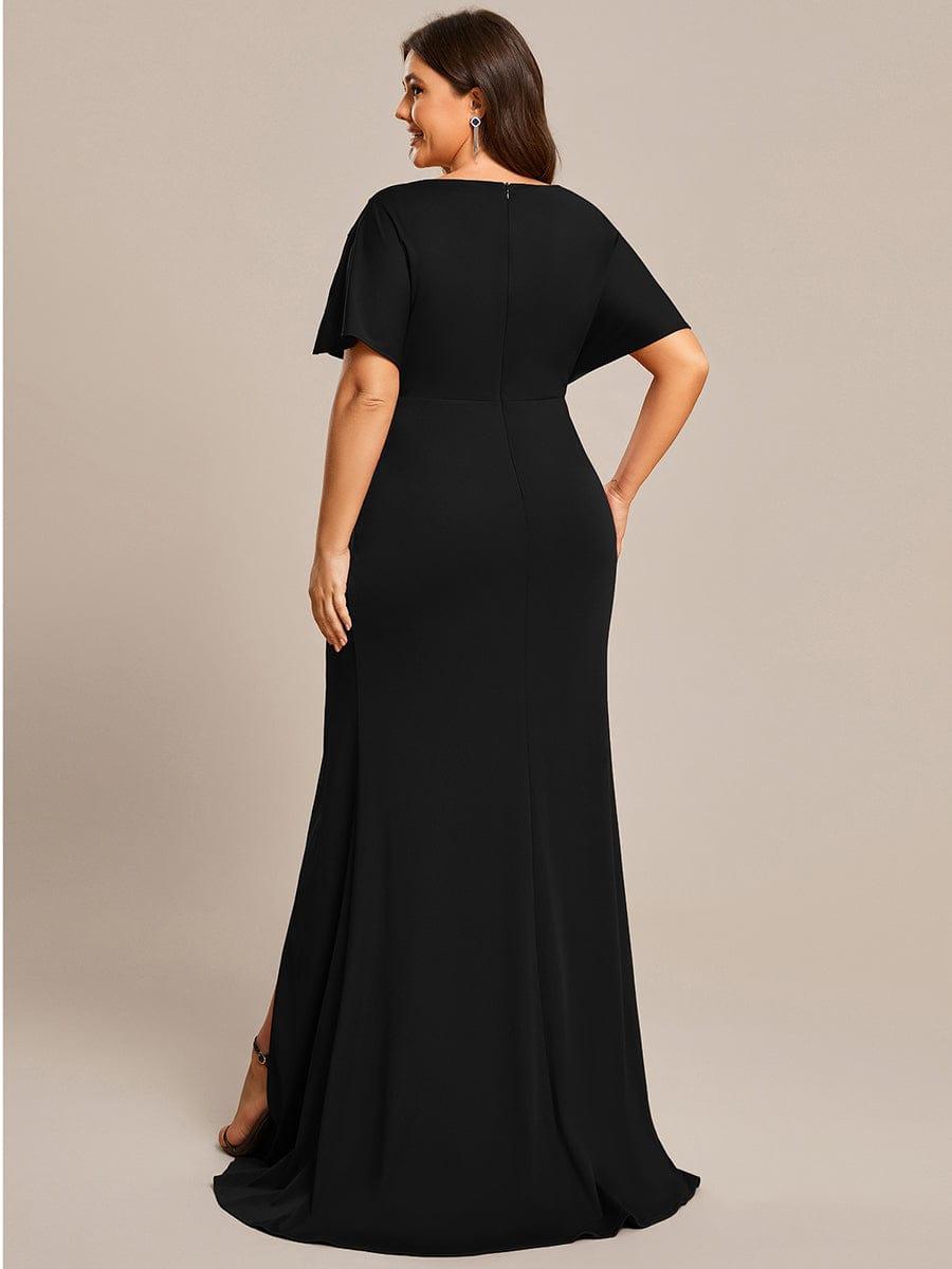 ever LYN|Pleated High Slit Hollow Out Sequin Sleeve V-Neck Formal Evening Dress